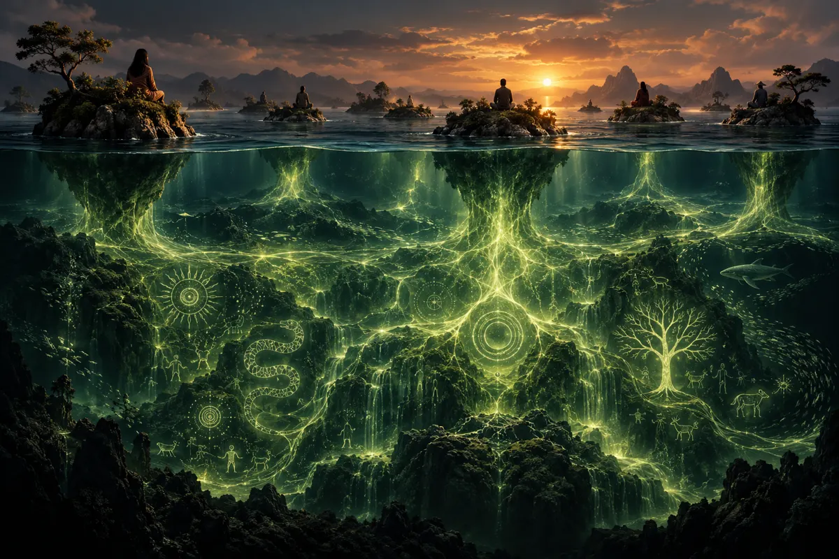 Concept artwork of separate islands connected beneath the sea by one glowing seabed of ancient symbols