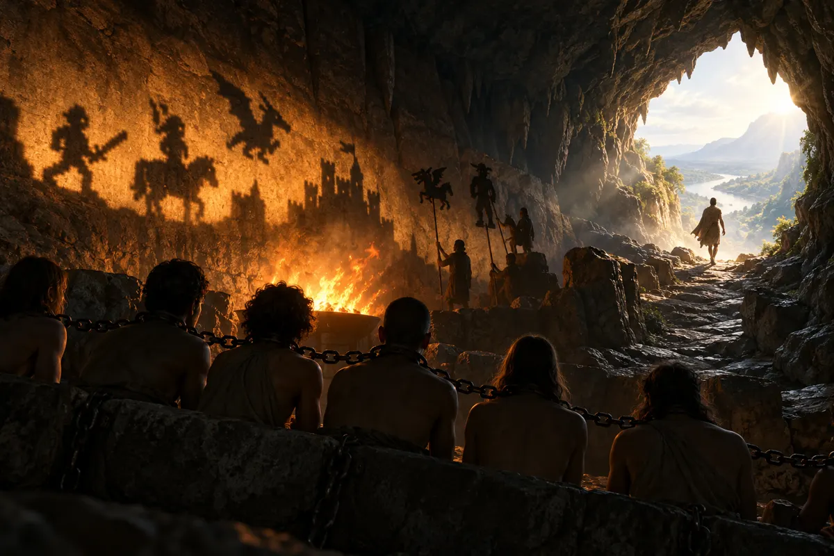 Concept artwork of chained people watching shadows on a cave wall while one figure walks toward daylight