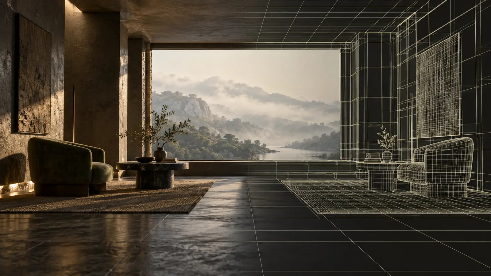 Concept artwork of a room that turns from a photograph into an architectural wireframe