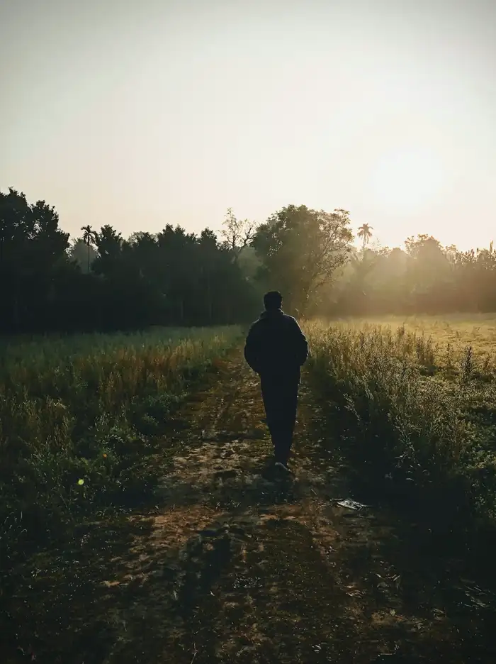 A man walking through a misty field at sunrise